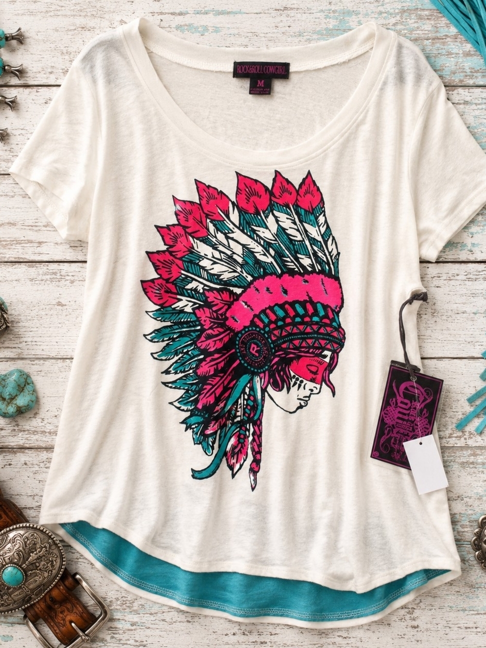 Rock & Roll Cowgirl NWT Medium Western Headdress Graphic Tee Turquoise Pink